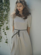Linen Square Neck Midi Dress with Puff Sleeves and Waist Tie